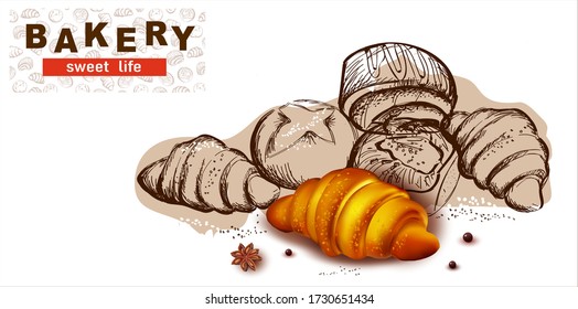 Pencil hand drawing. Graphic image of sweet roll, pastry, croissant, cheesecake. Logo, inscription for the sale of pastry, pastries.Croissant. Anise.Sketch.Vector design.
