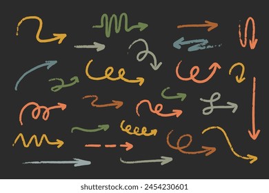 Pencil Hand drawn arrow circle line for highlighting text. Rounds arrows set doodle sketch symbols on a black background. vector illustration graphic design elements