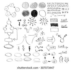 Pencil hand drawn infographics elements big set: arrow, circles, highlighting and others