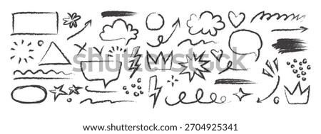 Pencil hand drawn line element icon set vector. Chalk pencil hand drawn doodle sketch texture crayon arrow, heart, cloud shape symbol. vector illustration.