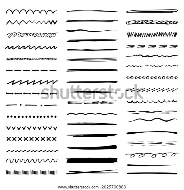 Pencil hand drawn\
lines. Sketch scribbles collection dividers chalk lines dots recent\
vector doodle set\
isolated