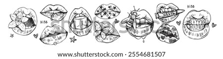 Pencil hand drawn lips doodle set, vector female mouth collection, charcoal trendy kiss, flower, bee. Valentine Day hot sticker, grunge emo tattoo sketch, woman teeth, bullet, star. Lips doodle print