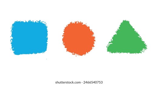 Lápiz dibujado a mano redondo, cuadrado, triangular conjunto.   Marco de tiza o lápiz pastel, fondo de Vector. Pintado en estilo infantil.   Garabato garabato artístico trazo textura