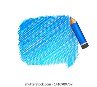 Pencil and hand drawn speech bubble on white background. Banner with doodles of blue crayon and place for message. Sketch cloud, colorful lines stroke and scribble