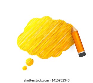 Pencil and hand drawn speech bubble on white background. Banner with doodles of yellow crayon and place for message. Sketch cloud, colorful lines stroke and scribble