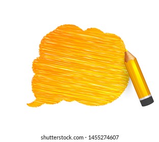 Pencil and hand drawn speech bubble on white background. Banner with doodles of yellow crayon and place for message. Sketch cloud, colorful lines stroke and scribble