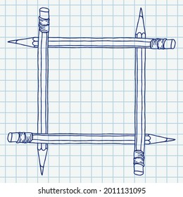 Pencil hand drawn vector doodle blank frame. Stationery crayon square border over squared notebook page. Education school background.