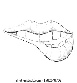 Pencil hand drawn vector illustration of biting lips isolated on white background