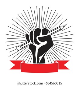 Pencil in hand - fight for education creative fist hand with pencil of idea. idea revolution concept and knowledge in attaining freedom and control, vector