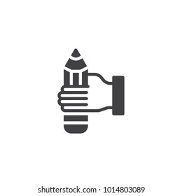 Pencil in hand icon vector, filled flat sign, solid pictogram isolated on white. Hand holding pen symbol, logo illustration.