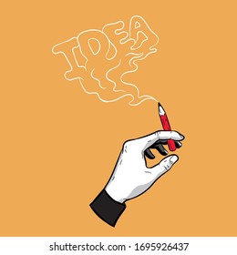 Pencil in hand man with smoke of idea. Vector illustrations for t-shirt prints, posters and other uses. Innovation concept.