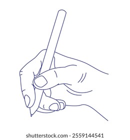 Pencil in hand. Someone writes or draws with a pen on a tablet. Contour vector illustration. Index, middle, ring, little fingers and thumb