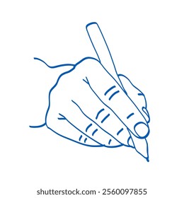 Pencil in hand. Someone writes or draws with a pen on a tablet. Vector illustration. Index, middle, ring, little fingers and thumb