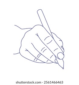 Pencil in hand. Someone writes or draws with a pen on a tablet. Contour vector illustration. Index, middle, ring, little fingers and thumb