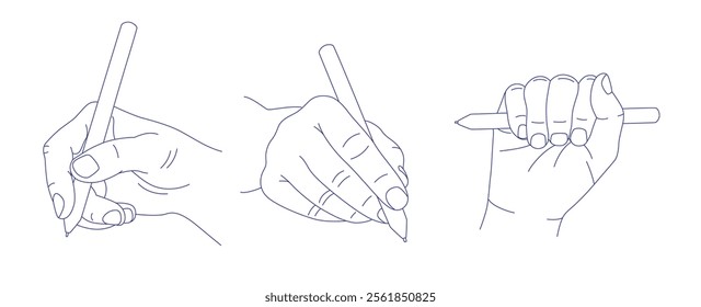 Pencil in hand. Someone writes or draws with a pen on a tablet. Contour vector illustration. Index, middle, ring, little fingers and thumb