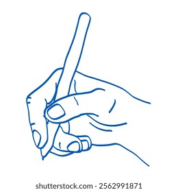 Pencil in hand. Someone writes or draws with a pen on a tablet. Vector illustration. Index, middle, ring, little fingers and thumb