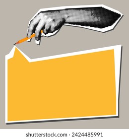 Pencil in hand in the style of pop art grunge. Vector hand with pencil and cloud for lettering. Pop art illustration, collage. Yellow pencil in his hand. Fashionable dot style is a collage. On grey