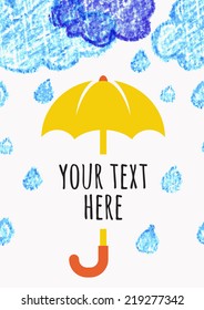 Pencil hand-drawn sketch clouds with yellow umbrella, vector seamless background.