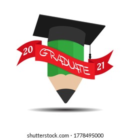 Pencil and hat of the graduate with a ribbon and the inscription graduate 2021. Illustration for logo, sticker and label. simple vector illustration isolated on a white background