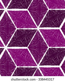 Pencil hatched purple cubes.Hand drawn with brush seamless background.Modern hipster style design.