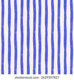 Pencil hatching stripes seamless pattern. Wide rough edge ink lines print. Cozy summer Repeated vertical strokes wallpaper. Simple classic geometric sea motif. Trendy grunge Vector abstract background