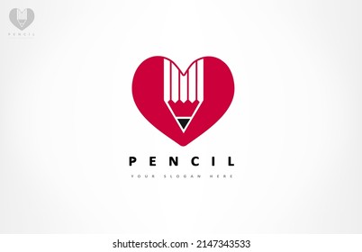 Pencil in heart shape logo. Stationery design. Education vector.