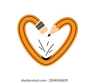 Pencil in heart shape vector illustration. Drawing tool for artists, students curve heart form. Flat modern education concept isolated on white background.