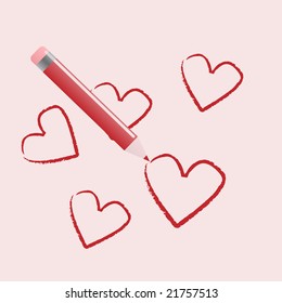 A pencil and hearts on pink background