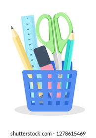 Pencil, Highlighter, Scissors, Ruler In The Cup. Vector Illustration Back to School Flat Design