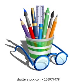 Pencil holder with accessories and eye glasses - icon isolated on white background. Stylized isometric view. Vector