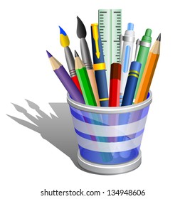 Pencil holder with accessories or school supplies - icon isolated on white background. Vector illustration