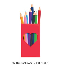 Pencil holder box with a heart and colored pencils