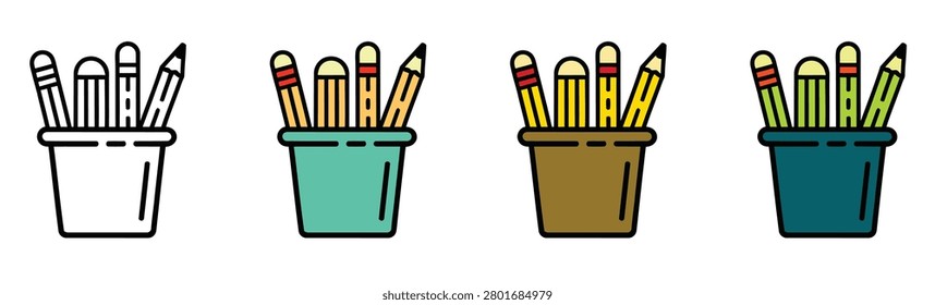 Pencil holder cup icons with various office supplies in four unique styles and color schemes