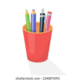 Pencil holder with drawing tool. School equipment such as pencil and pen. Desk element. Isolated flat vector illustration