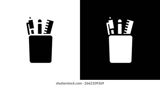 Pencil holder icon in flat black solid vector set