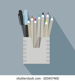 Pencil holder and organizer box icon with long shadow on blue background