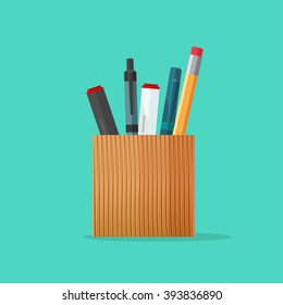 Pencil holder, pen holder,  wooden pencil and marker cup, pen case vector illustration, stationery set flat modern cartoon design isolated on green background