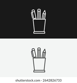 Pencil Holder with Pens and Pencils on Black and White Backgrounds, Representing Office Supplies or Creativity, White Outline Icon