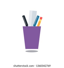Pencil Holder with pens, a pencil and a ruler. Vector Illustration.