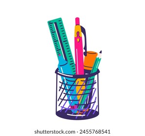 Pencil holder with school office supplies vector illustration in flat simple cartoon modern style.