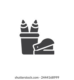Bleistifthalter und Heftklammer-Vektorgrafik-Symbol. Gefülltes flaches Schild für mobiles Konzept und Webdesign. Symbol für Office-Verbrauchsmaterialien. Briefpapier-Symbol, Logo-Illustration. Vektorgrafik-Grafiken