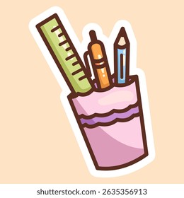 Pencil Holder Sticker – School Tools Container Illustration. Cartoon-style for desk organization visuals.