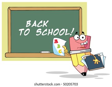Pencil Holding An ABC Report Card In Front Of School Chalk Board