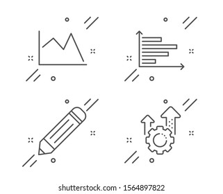 Pencil, Horizontal chart and Line chart line icons set. Seo gear sign. Edit data, Presentation graph, Financial graph. Cogwheel. Science set. Line pencil outline icon. Vector
