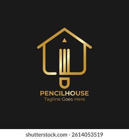 Pencil house logo illustration icon template. Golden colors pencil house logo for home study, architecture or education. 