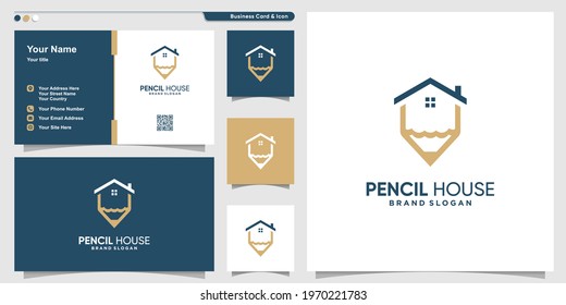Pencil house logo template with creative concept and business card design Premium Vector