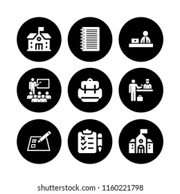 pencil icon. 9 pencil set with check in, notebook, school and desk vector icons for web and mobile app