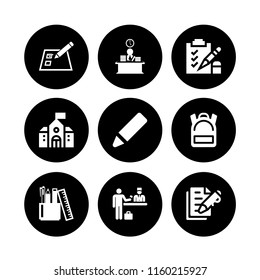 pencil icon. 9 pencil set with pen, checklist on a paper with a pencil, exam and school vector icons for web and mobile app