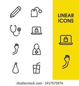 Pencil icon with arm, cyber security and tea packet symbols. Set of teabag, palm, soda icons and graphite concept. Editable vector elements for logo app UI design.