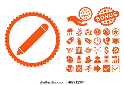 Pencil icon with bonus images. Vector illustration style is flat iconic symbols, orange color, white background.